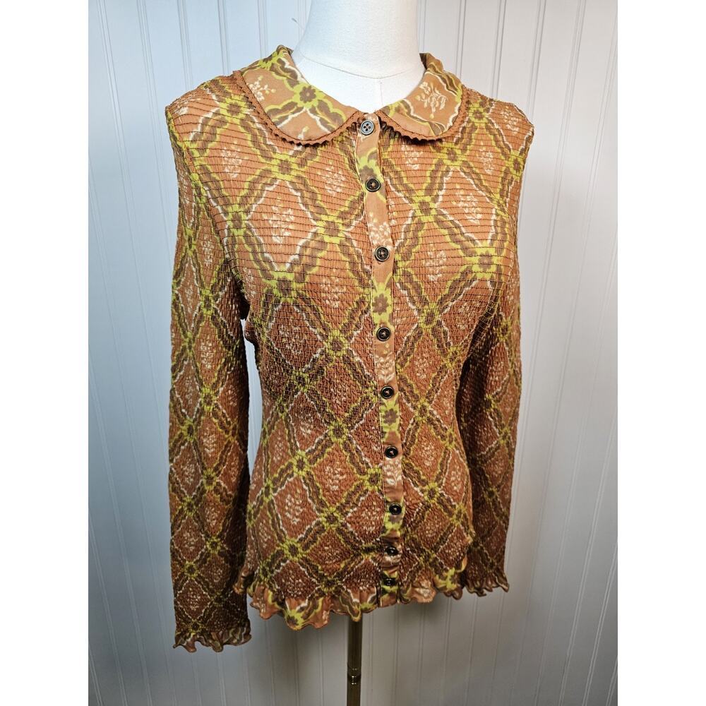 Free People Caught A Feeling Button Down Smocked Blouse Women's Size M New Retro